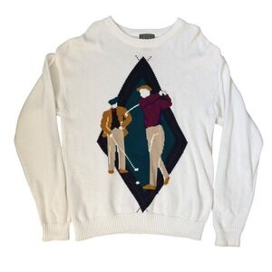 VTG Sansabelt Sport Golf Sweater Mens M White Knit Golfer Diamond Graphic 90s